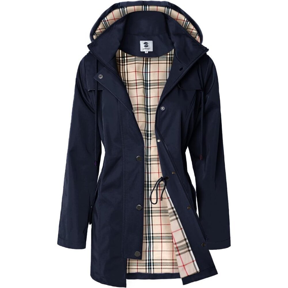 🆕SaphiRose Women Navy Blue Waterproof Rain Long Outdoor Raincoat with Hood